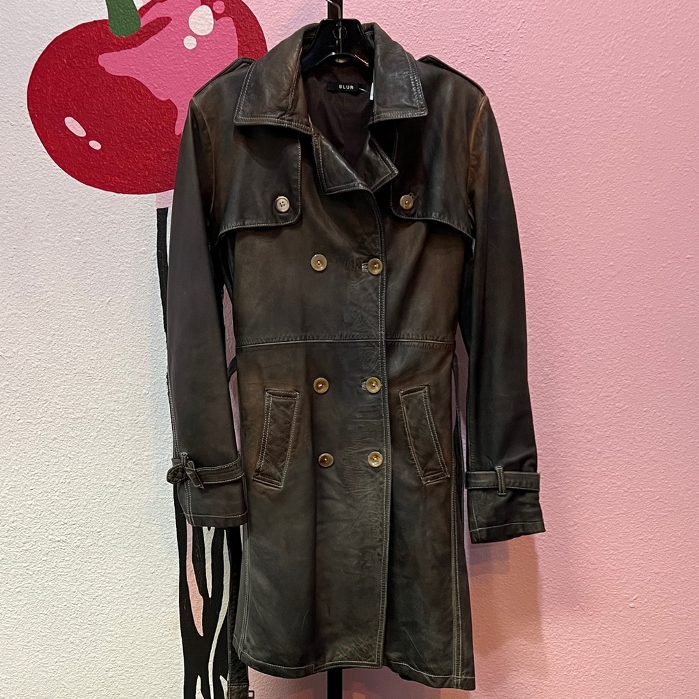 BLUR Distressed Brown Leather Double Breast Belted Trench Coat Size Large